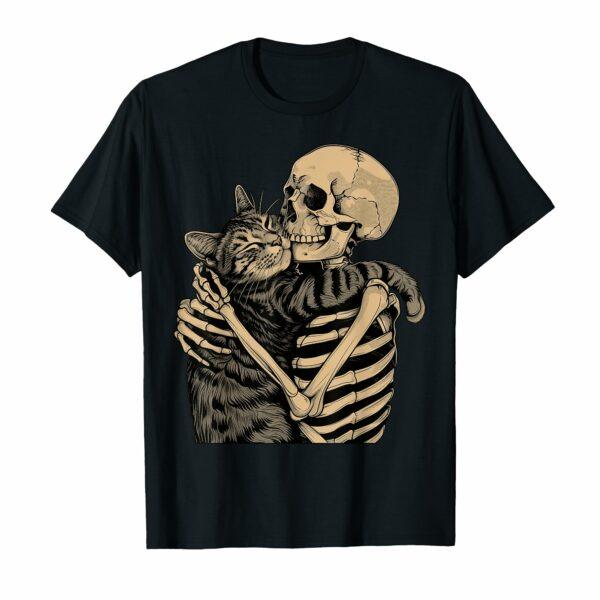 Skeleton Hugging Cat Halloween Cat Lover Cat Mom Dad T-Shirt